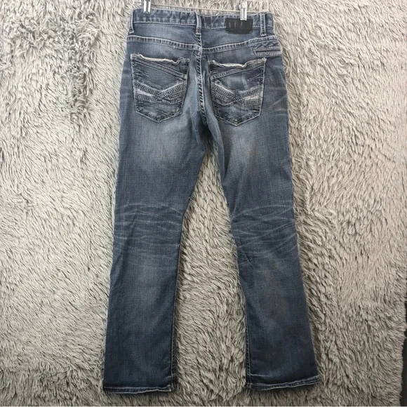 BKE Buckle Jeans Carter Mens 31R Bootcut Whiskered Denim